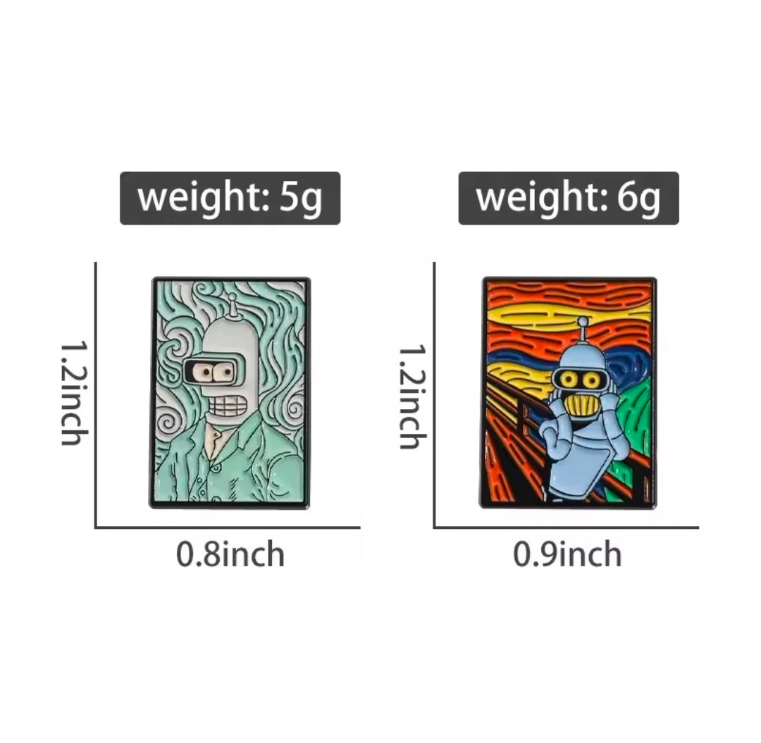 Set of two square enamel pins featuring teal and orange illustrated robot designs