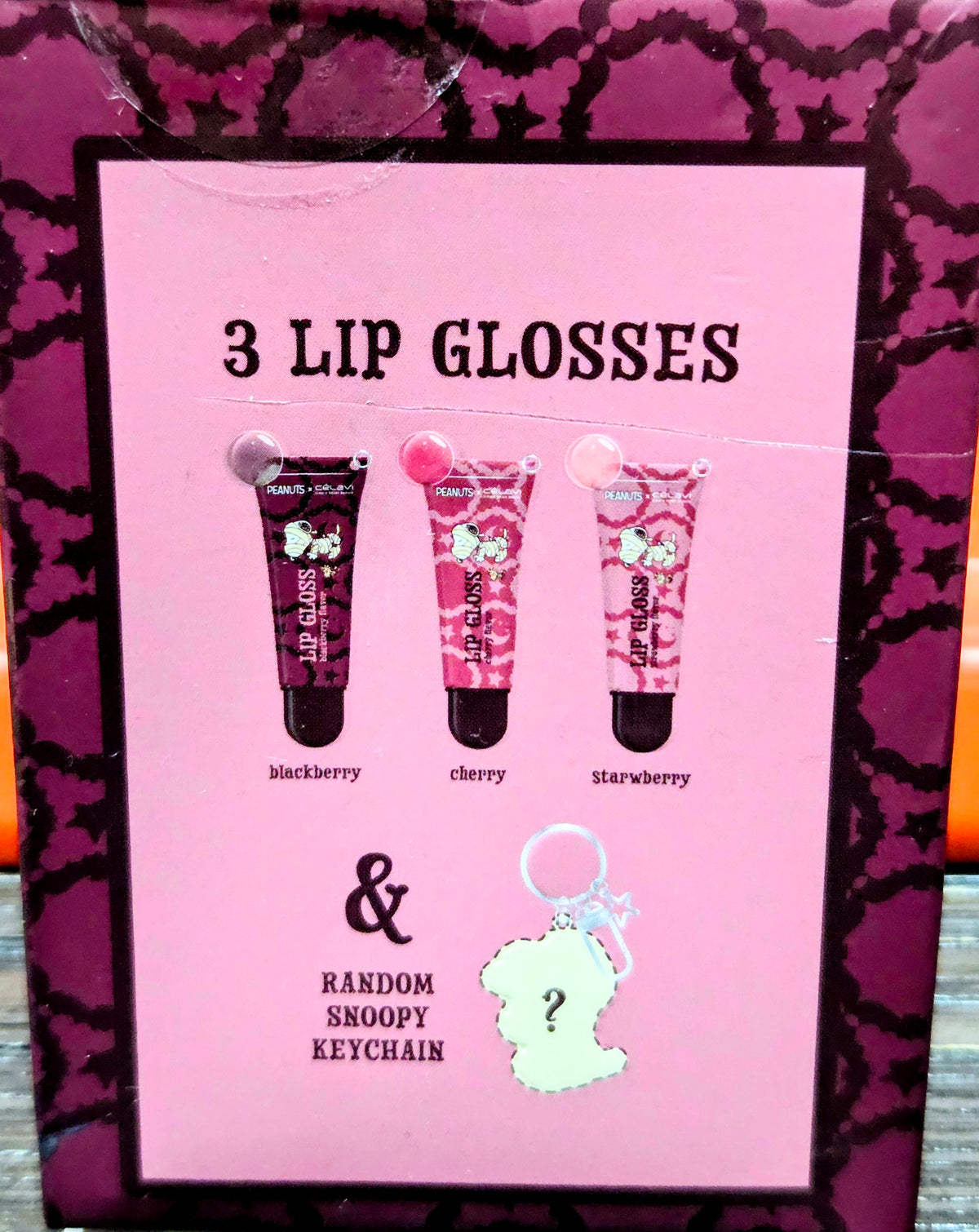 3 lip glosses gift box with Snoopy keychain concept and flavor icons