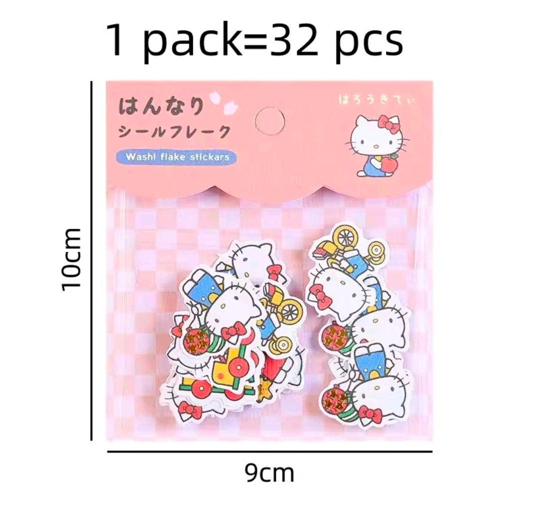 Hello Kitty washi flake sticker pack, 32 pieces shown with 9cm by 10cm size