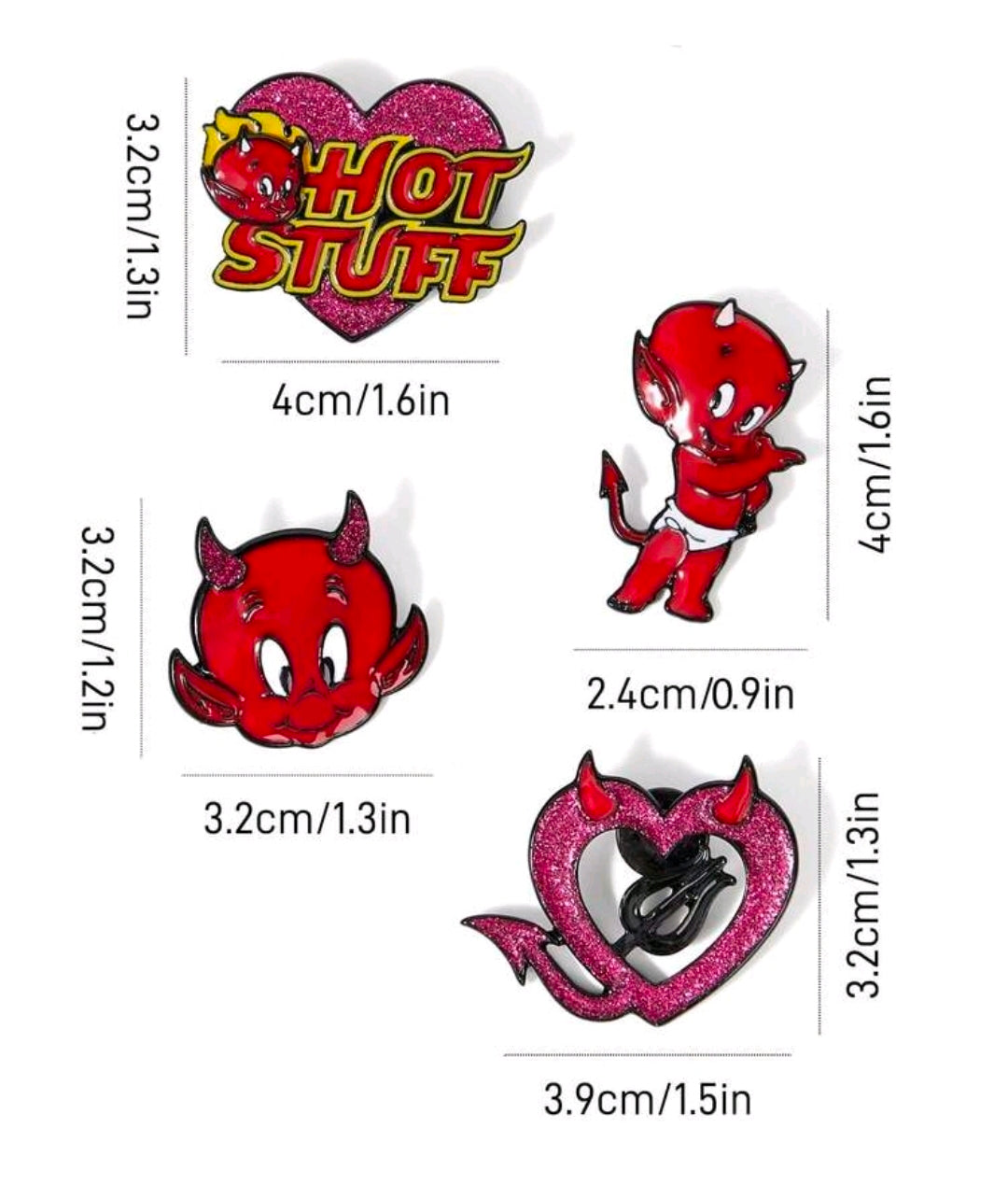 Four enamel pins: glitter heart 'Hot Stuff', standing red devil, curled red devil, dark heart