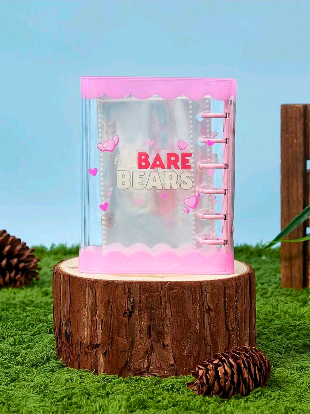 Clear PVC mini photocard binder with pink scalloped top, snap closure, 6-ring rings.