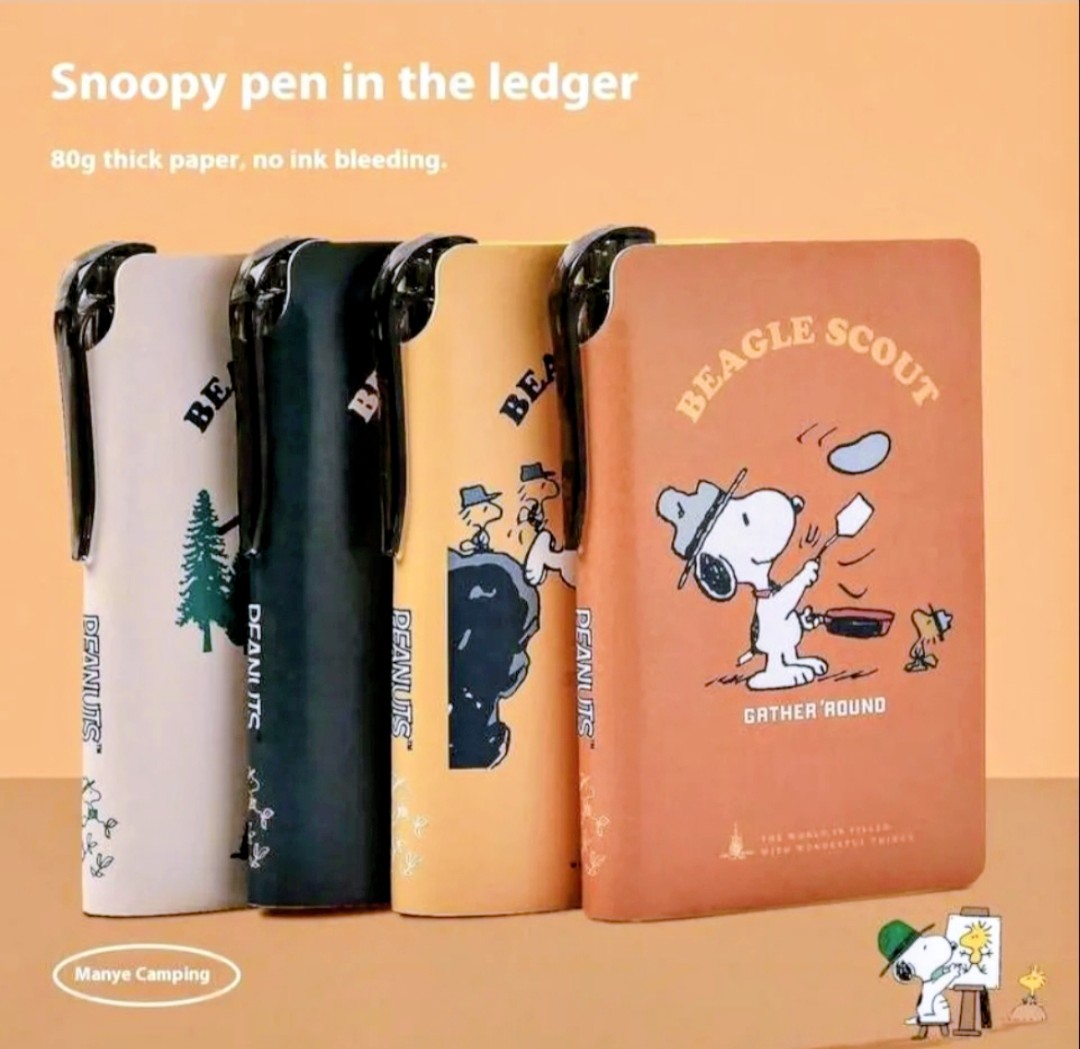 Snoopy Beagle Scout faux leather pocket field notebooks with pens, multiple cover colors