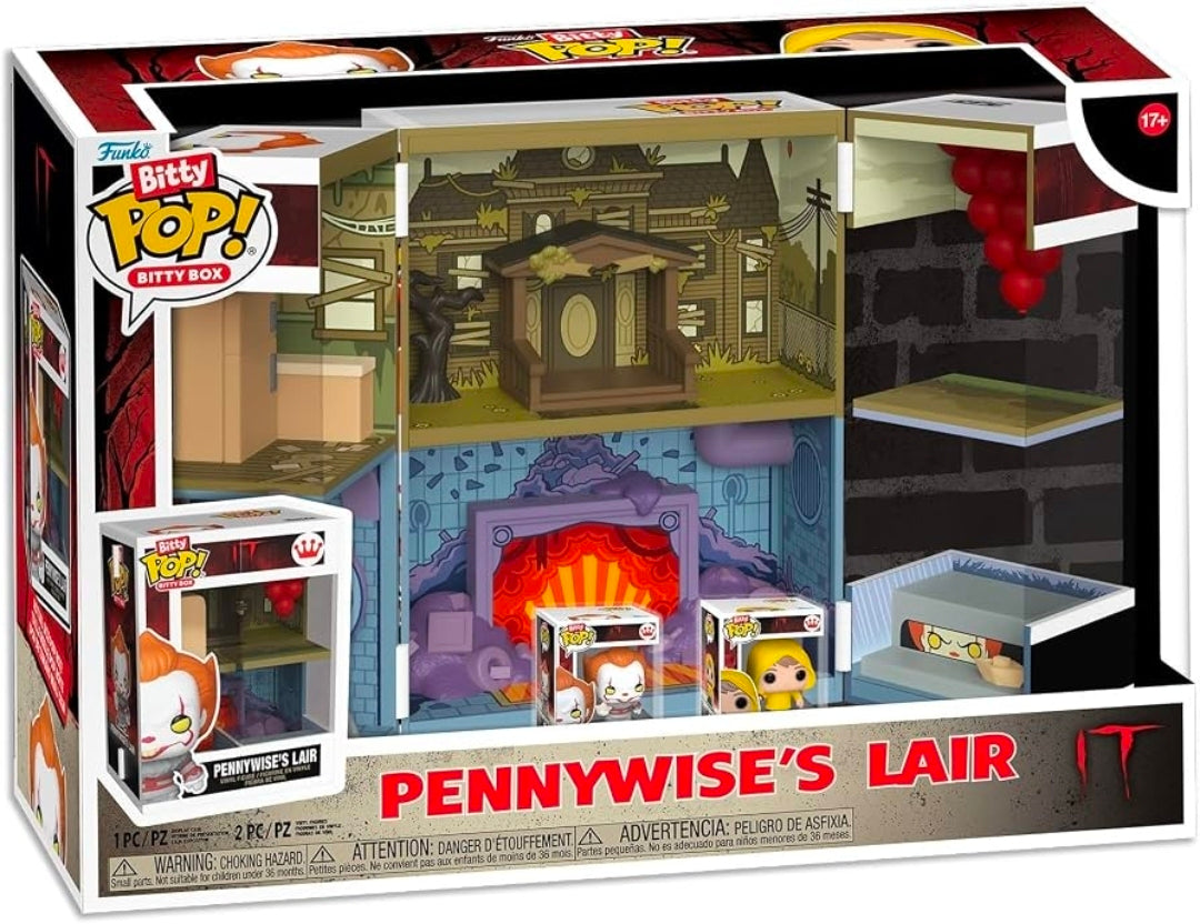 Funko Bitty Pop! dollhouse box front close-up with multi-room interior and red balloon decor