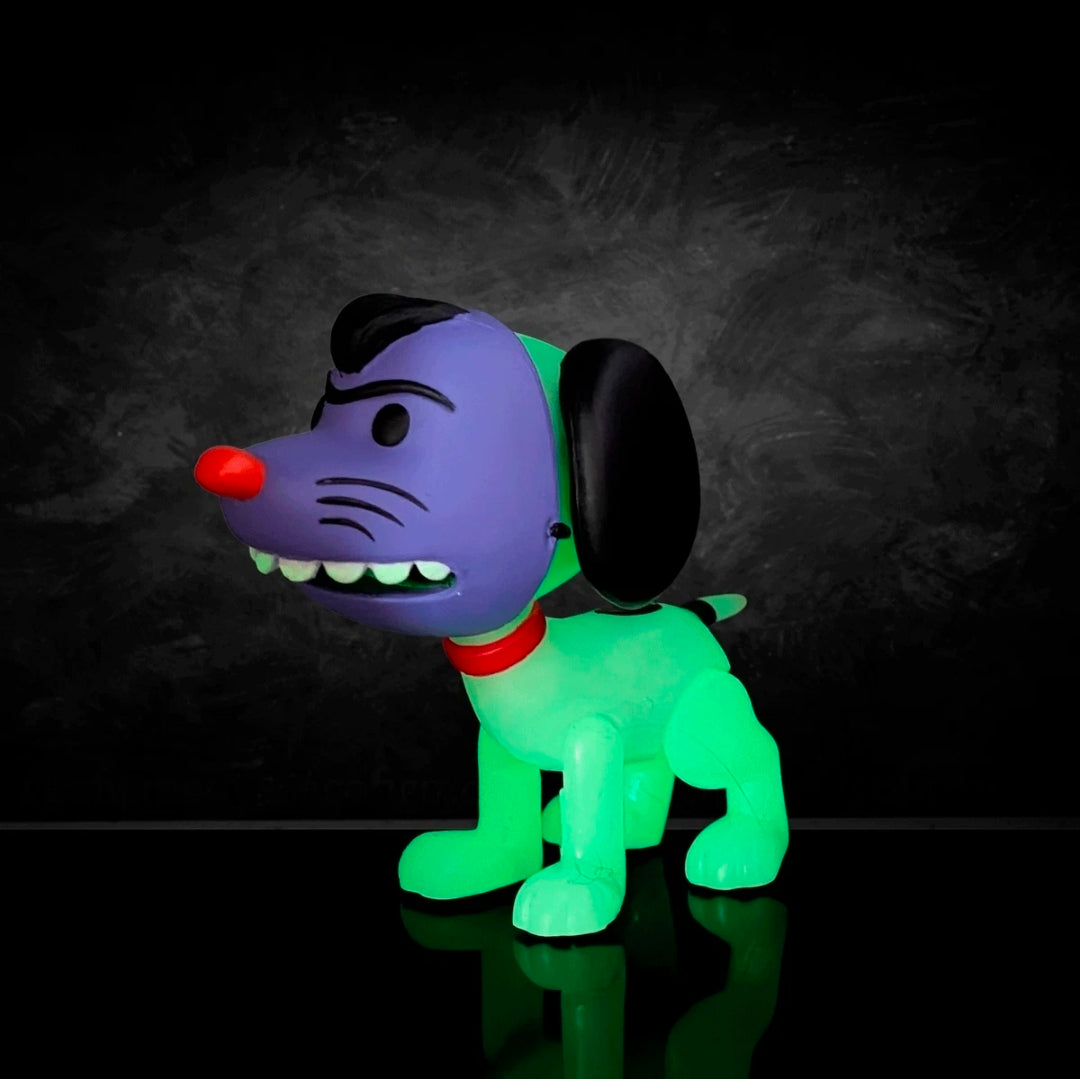 Purple-masked dog figure with black ears, red collar, and green glow lighting effect
