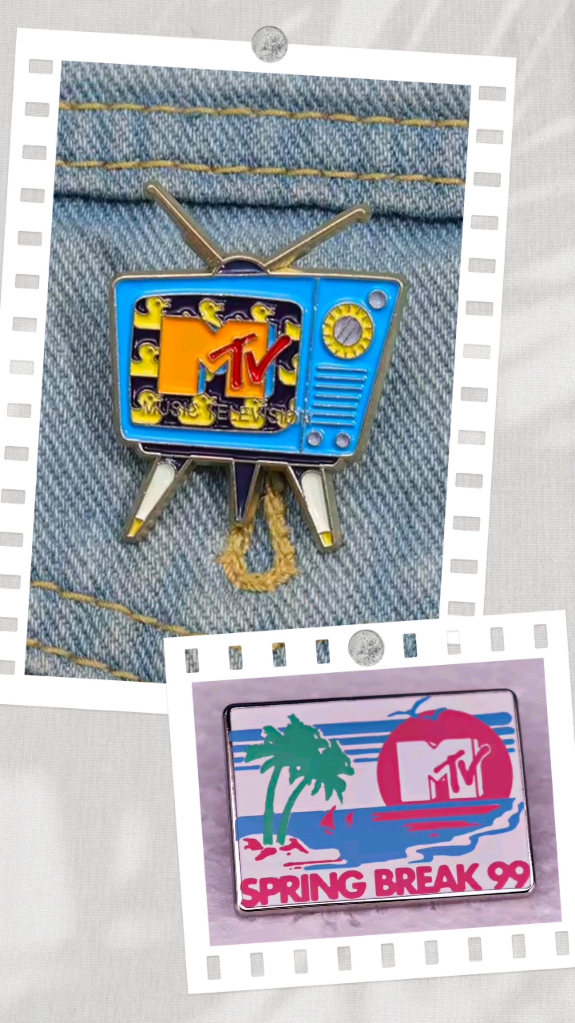 MTV Spring Break 99 enamel pin set with TV and palm banner designs