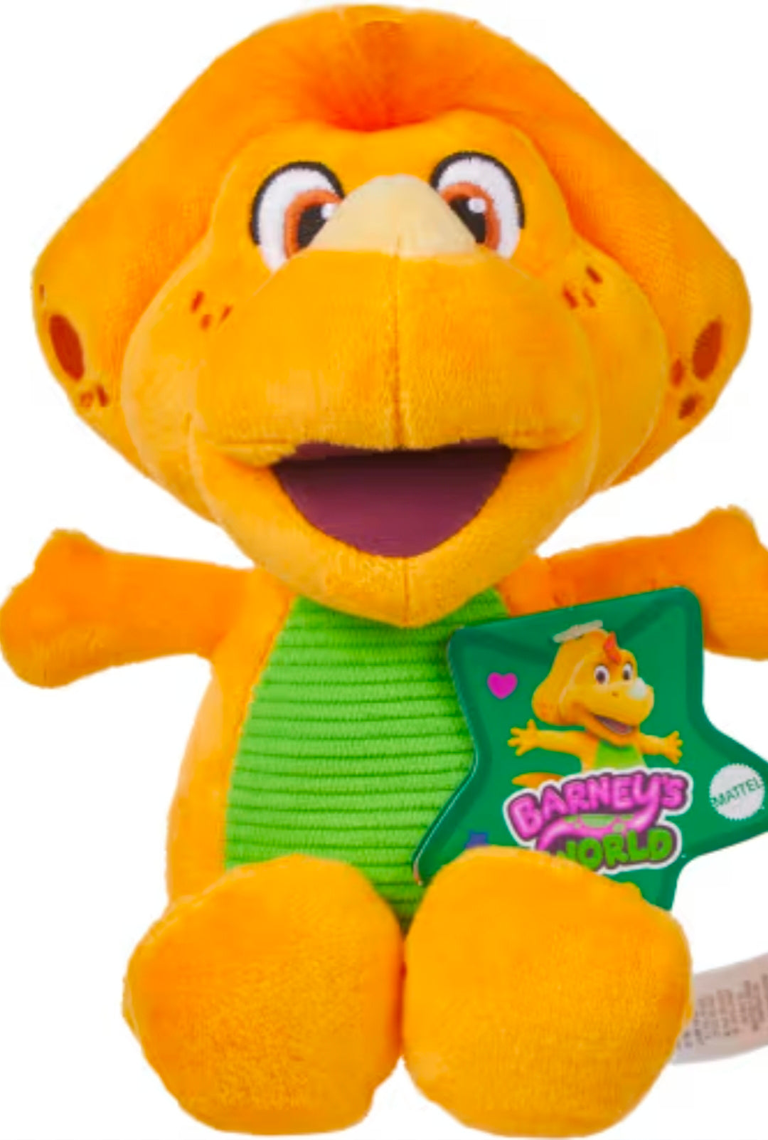 Orange plush dinosaur character with green striped shirt holding a green book-style tag