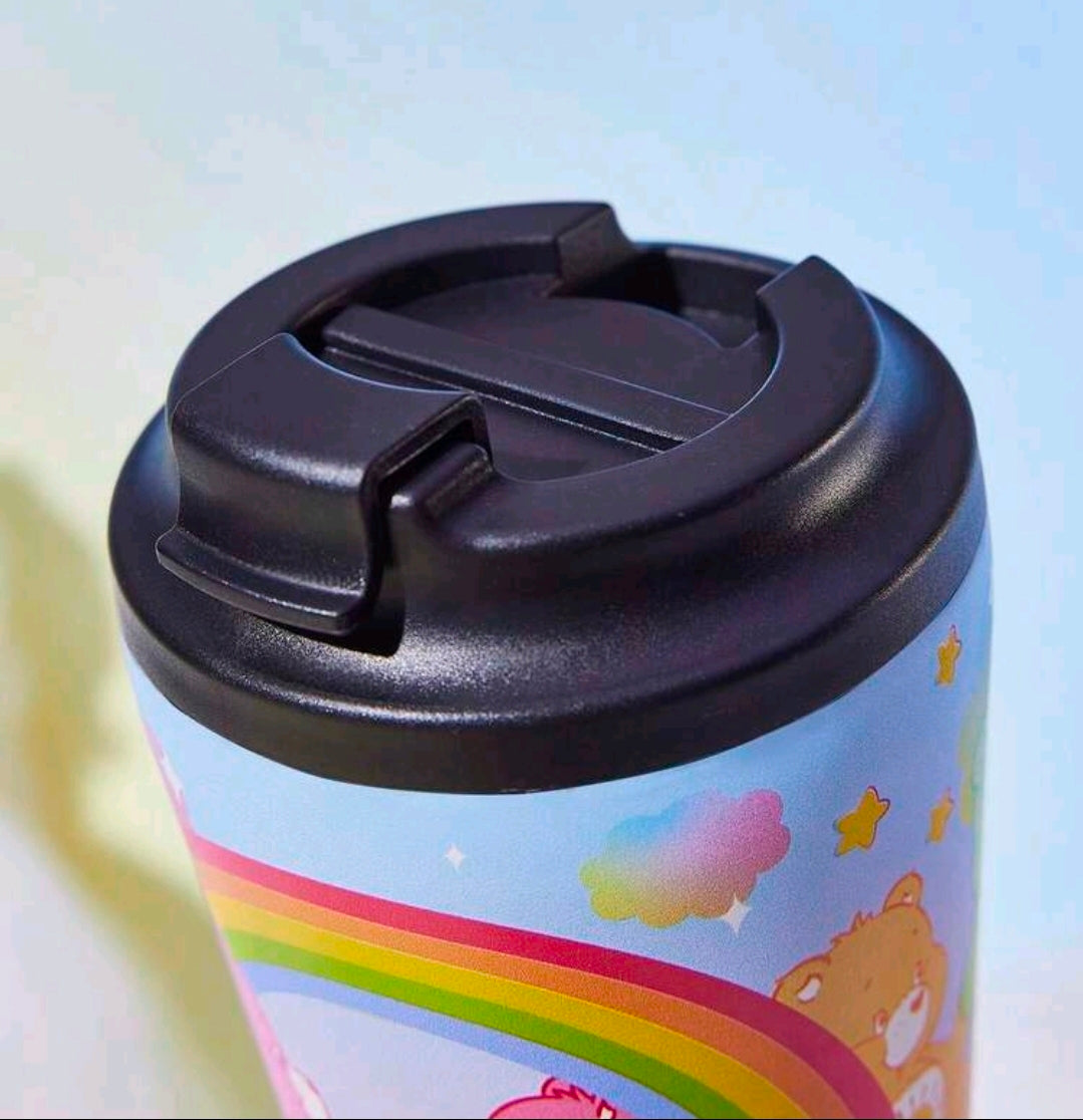 Care Bears rainbow tumbler lid, black flip top with hinge detail, angled view