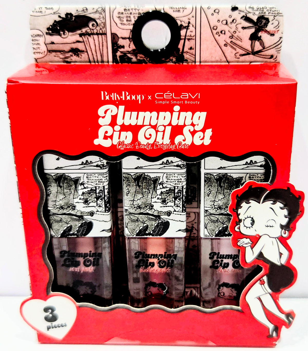 Betty Boop x Celavi Plumping Lip Oil Trio Classic Cocoa Blushing Nude Peony