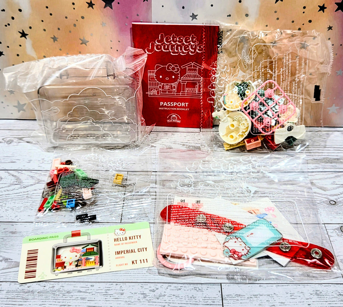 Hello Kitty Imperial City building block keychain pieces laid out in bags