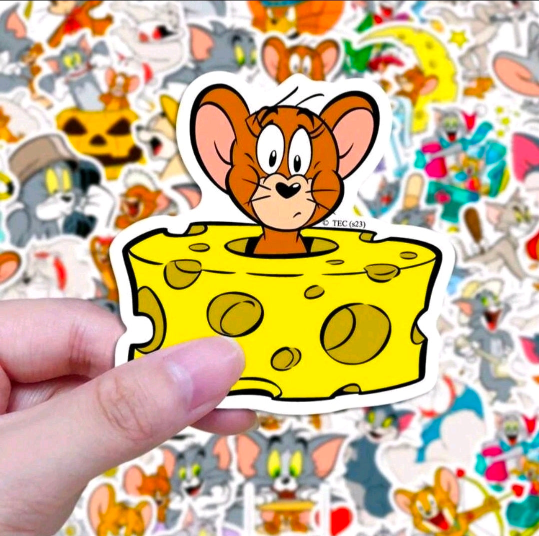 Single Tom and Jerry waterproof vinyl sticker, mouse holding cheese slice on white border