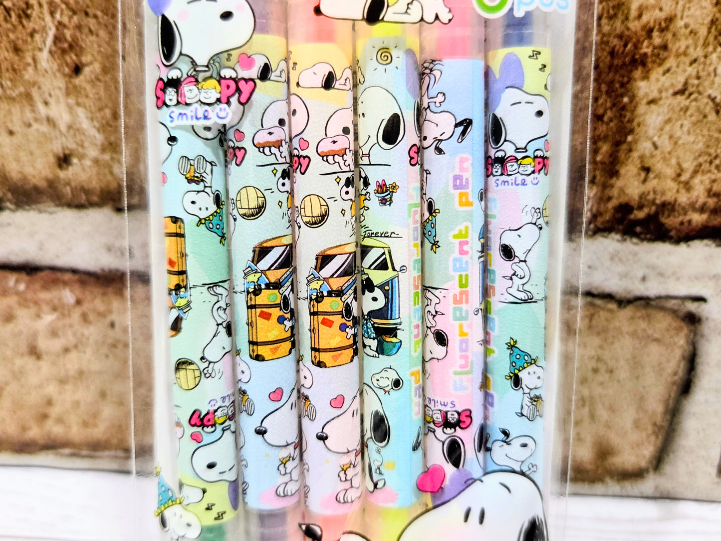 Snoopy Dual Tip Highlighter Set 6pc Fluorescent Peanuts Kawaii Stationery Chisel Fine Point Pink Orange Yellow Green Blue Purple