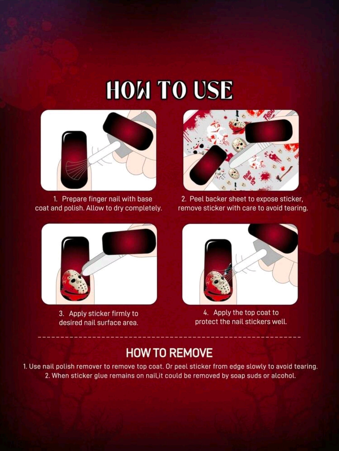Nail art sticker instruction sheet with “How to use” and “How to remove” diagrams