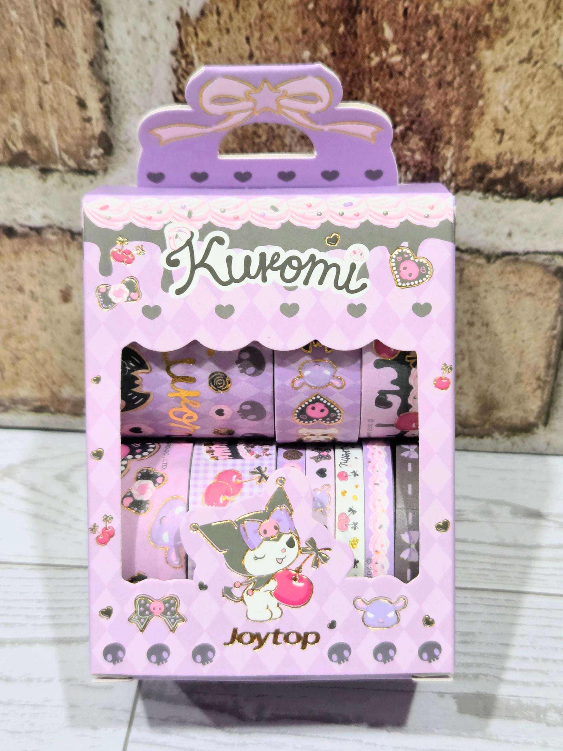 Kuromi washi tape set in a purple retail box with character artwork