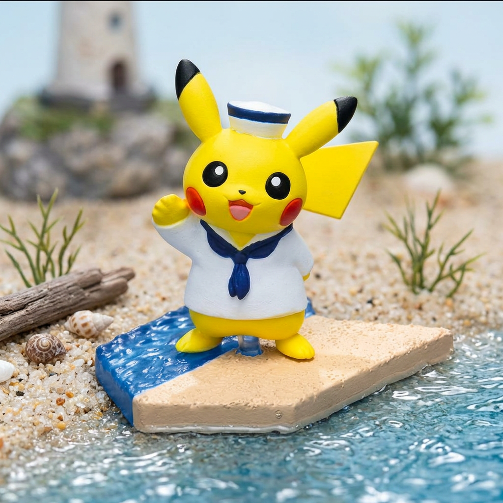 Sailor-outfitted yellow Pikachu seaside mini figure waving on sand base with blue water