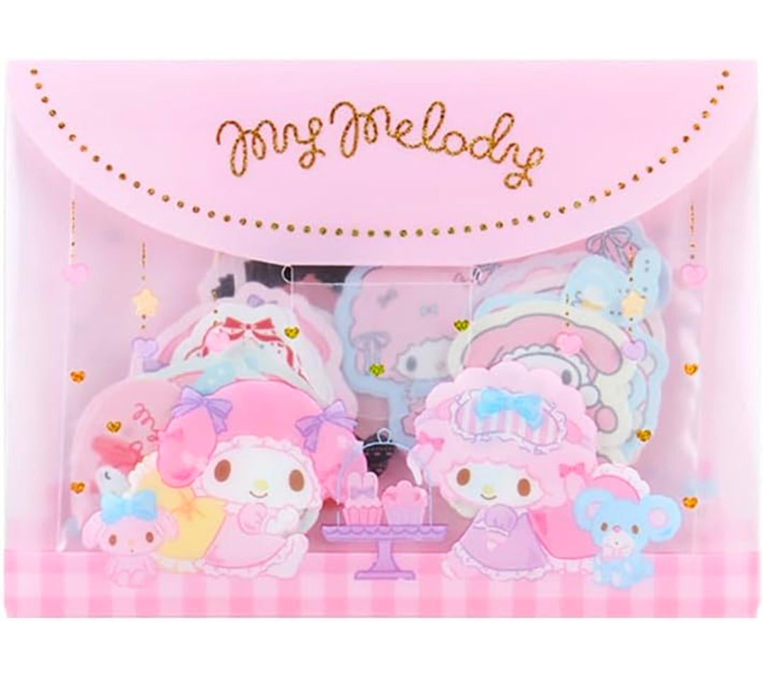 Pink die-cut sticker flakes sheet with My Melody characters and small star motifs