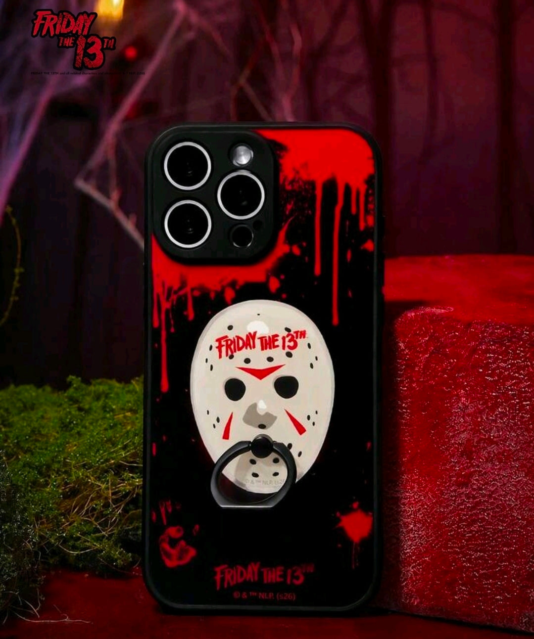 Black acrylic phone ring grip stand with Jason mask graphic on back