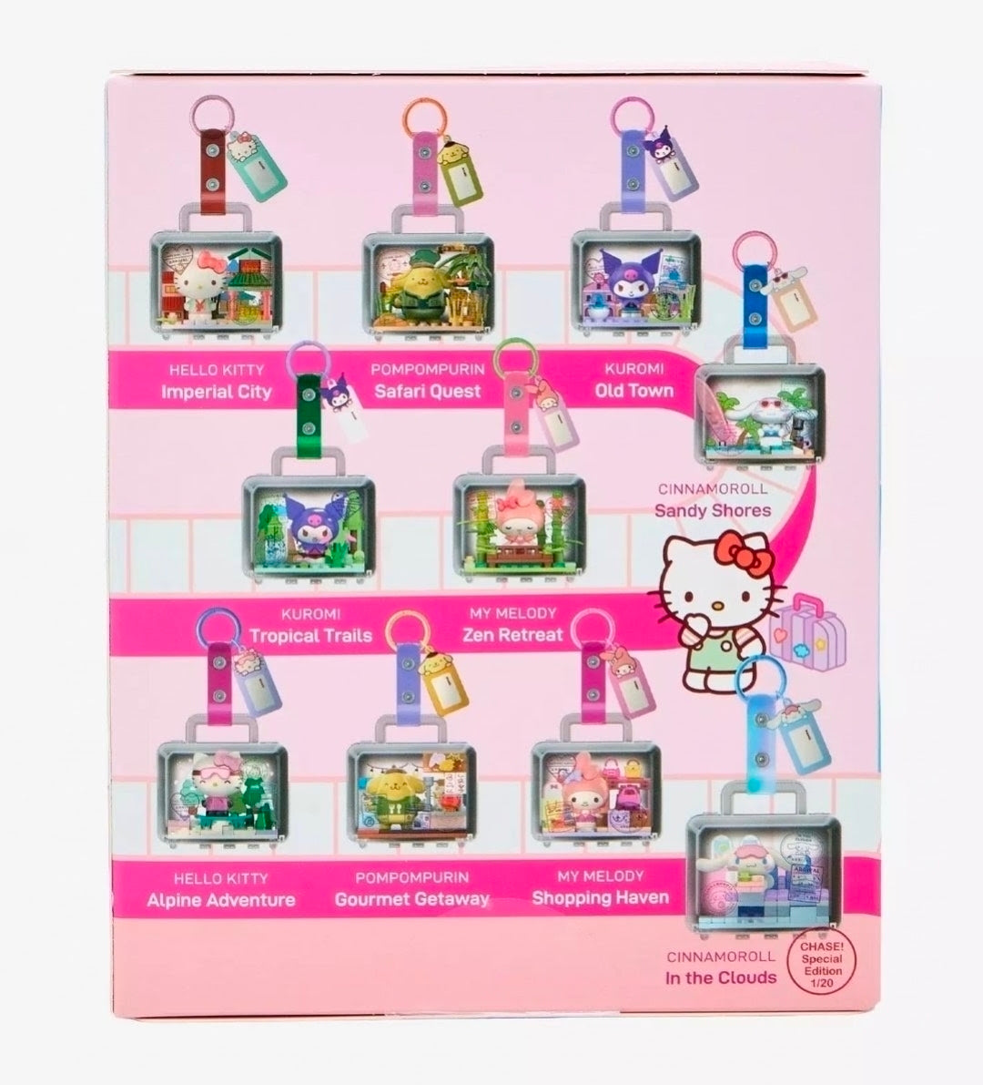 Cinnamoroll Sandy Shores building block keychain set box front with key tags