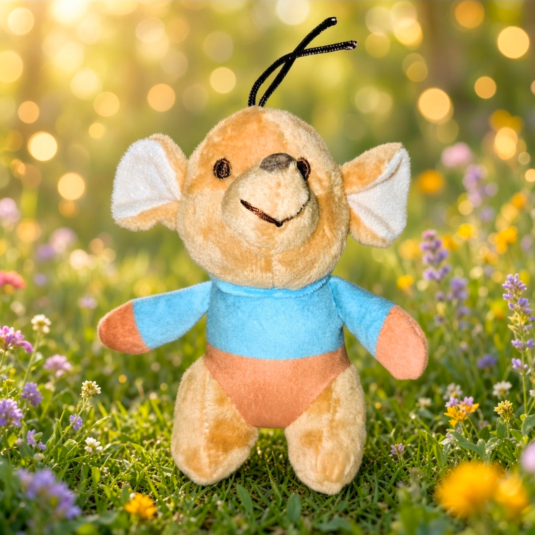 Roo mini plush keychain, orange plush bear in blue shirt with black hanging loop