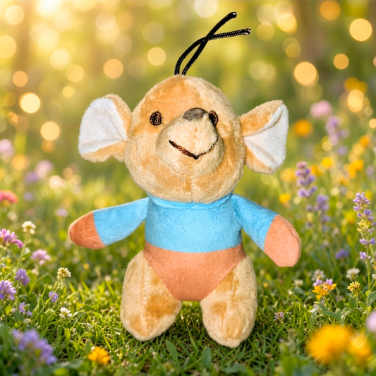 Roo mini plush keychain, orange plush bear in blue shirt with black hanging loop