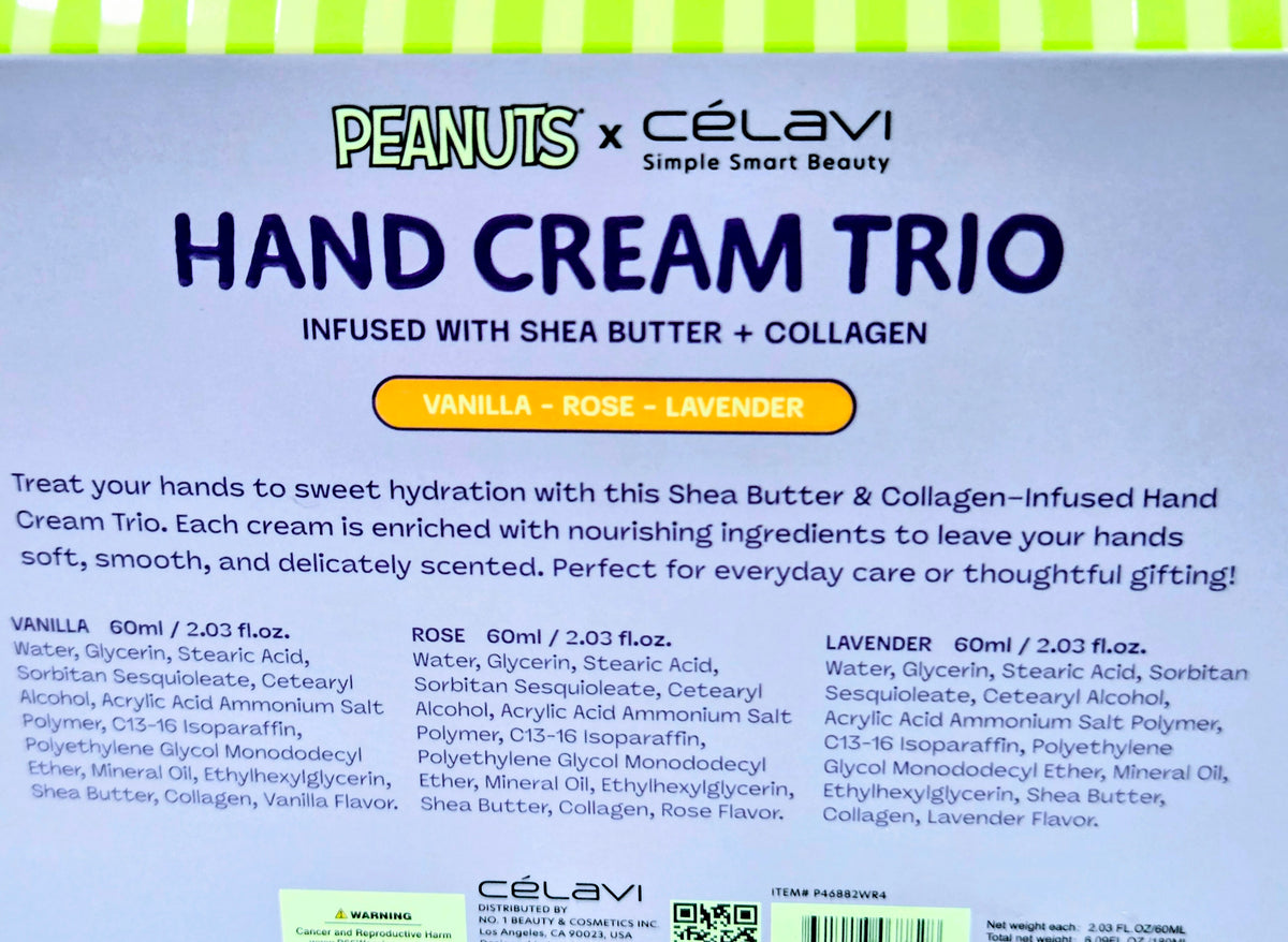 Hand cream trio box back with ingredient text and barcode label