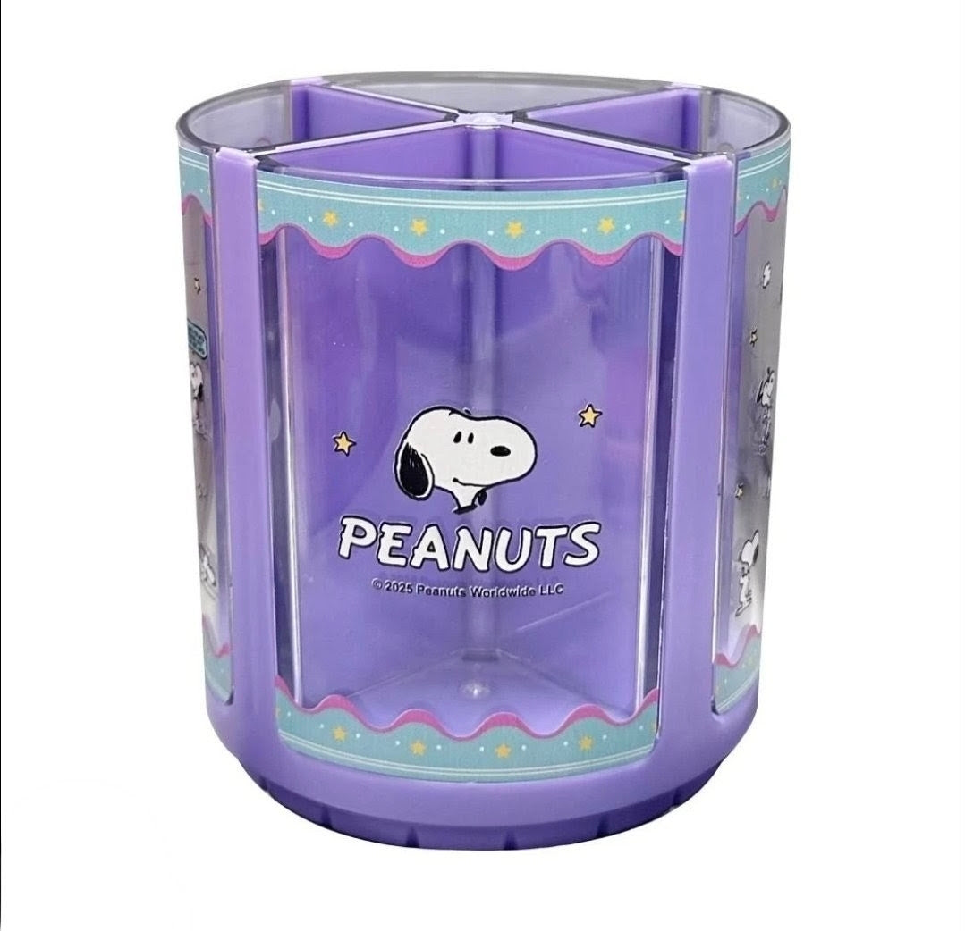 Purple acrylic Peanuts spinning pen holder with four compartments and Snoopy artwork