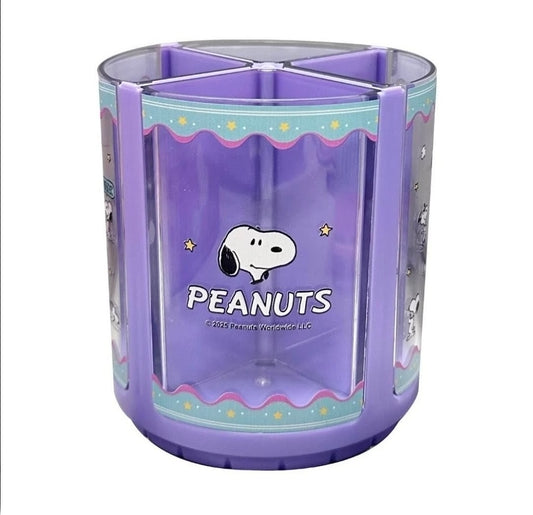 Purple acrylic Peanuts spinning pen holder with four compartments and Snoopy artwork