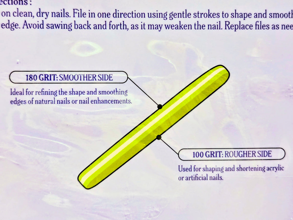 Two-sided nail file with 180 grit smoother and 100 grit rougher sides