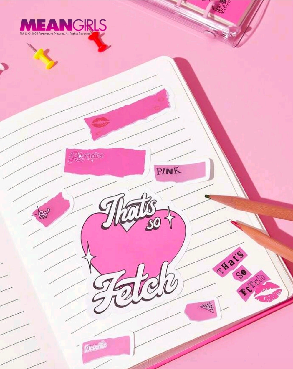 Pink sticky note pad with That's so Fetch speech bubbles and label tab shapes
