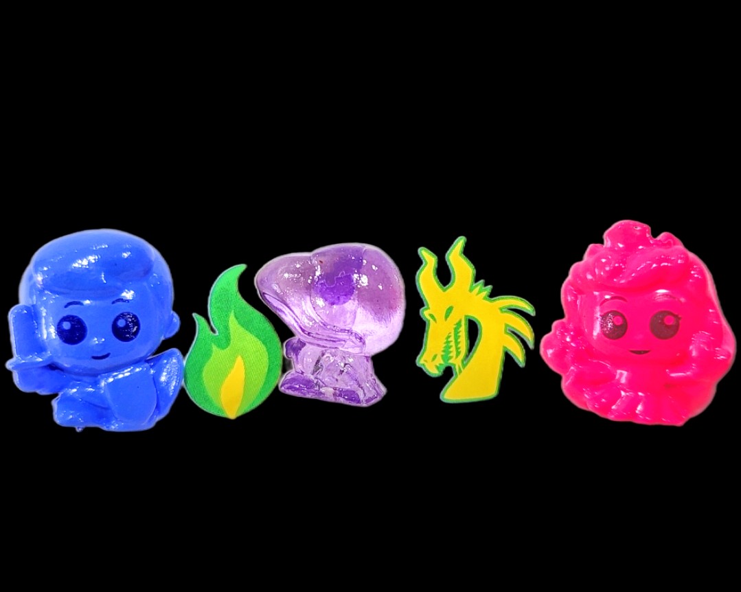 Arcade Hoopz squish'alots mini figures, four colorful dragon characters