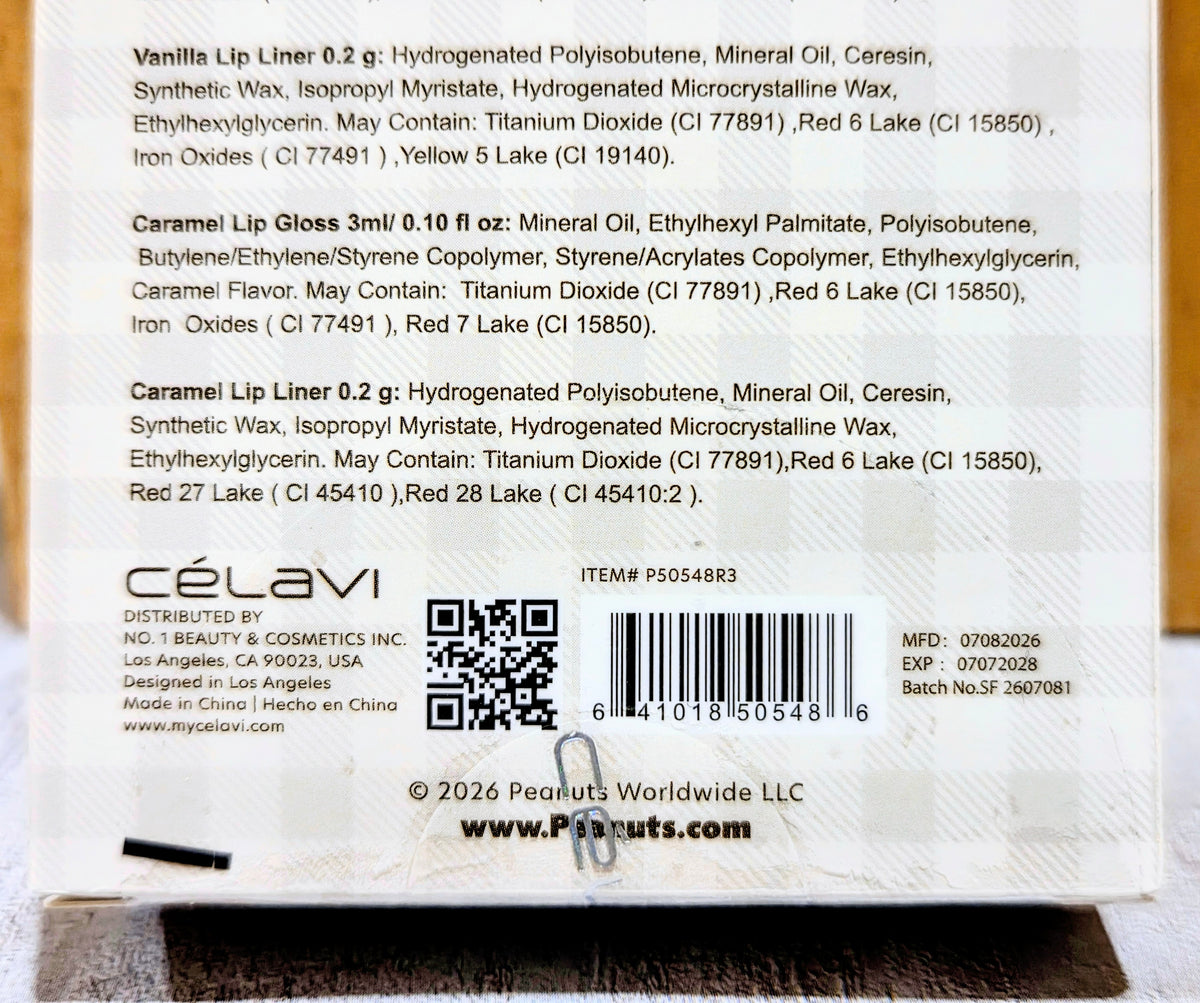 Lip kit packaging back panel with ingredient list and barcode sticker details.
