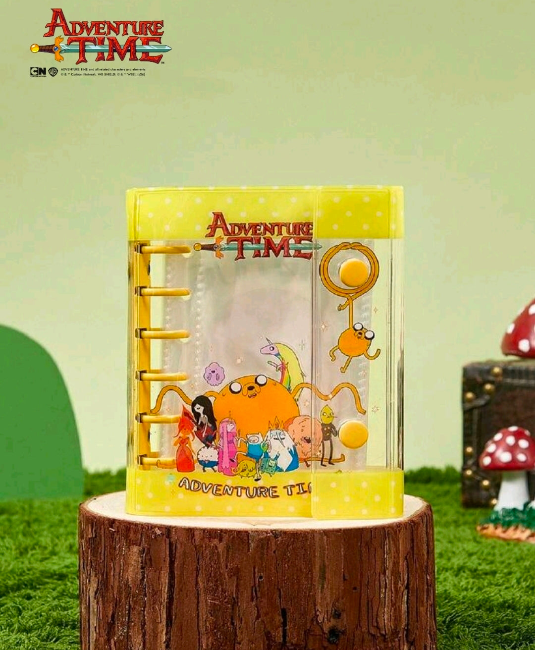 Yellow mini binder sticker album journal with Adventure Time characters on clear cover