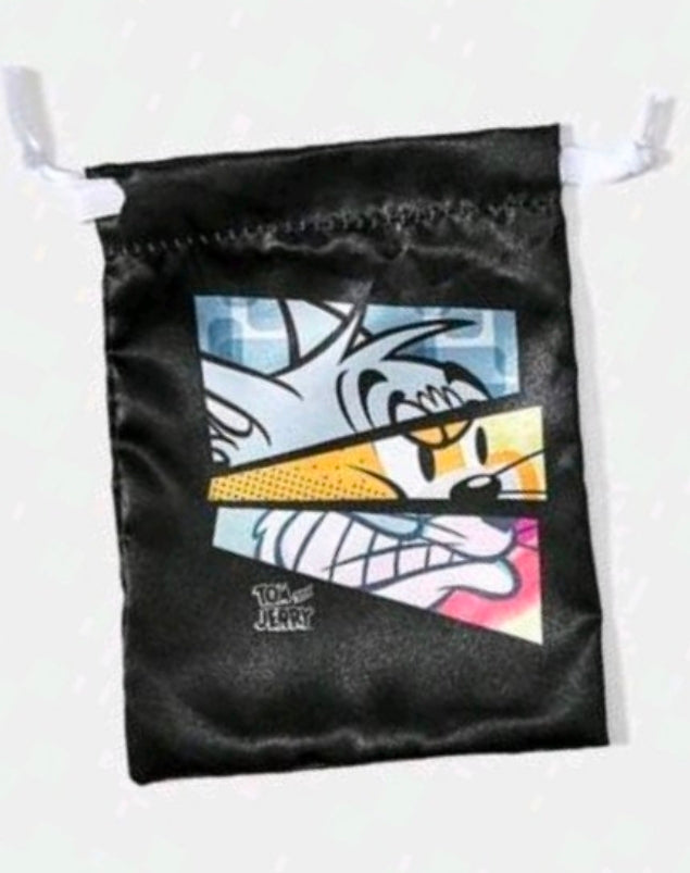 Satin drawstring pouch with Tom & Jerry character print, black pouch with gray ties