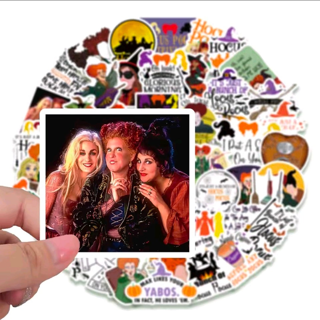 Vinyl sticker assortment sheet with multiple Hocus Pocus designs, including a photo-style sticker