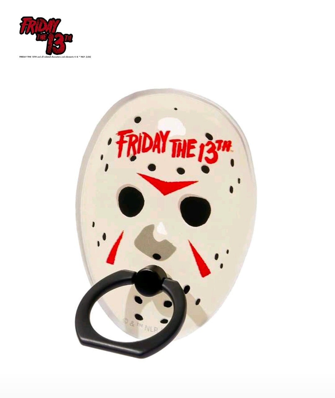 Friday the 13th phone grip with skull mask design and black ring