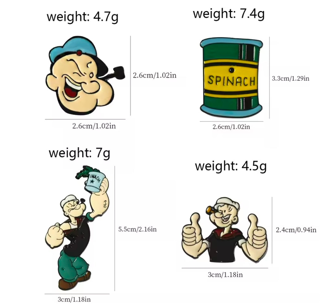 Four enamel lapel pins featuring Popeye character faces, sailor figure, and spinach can