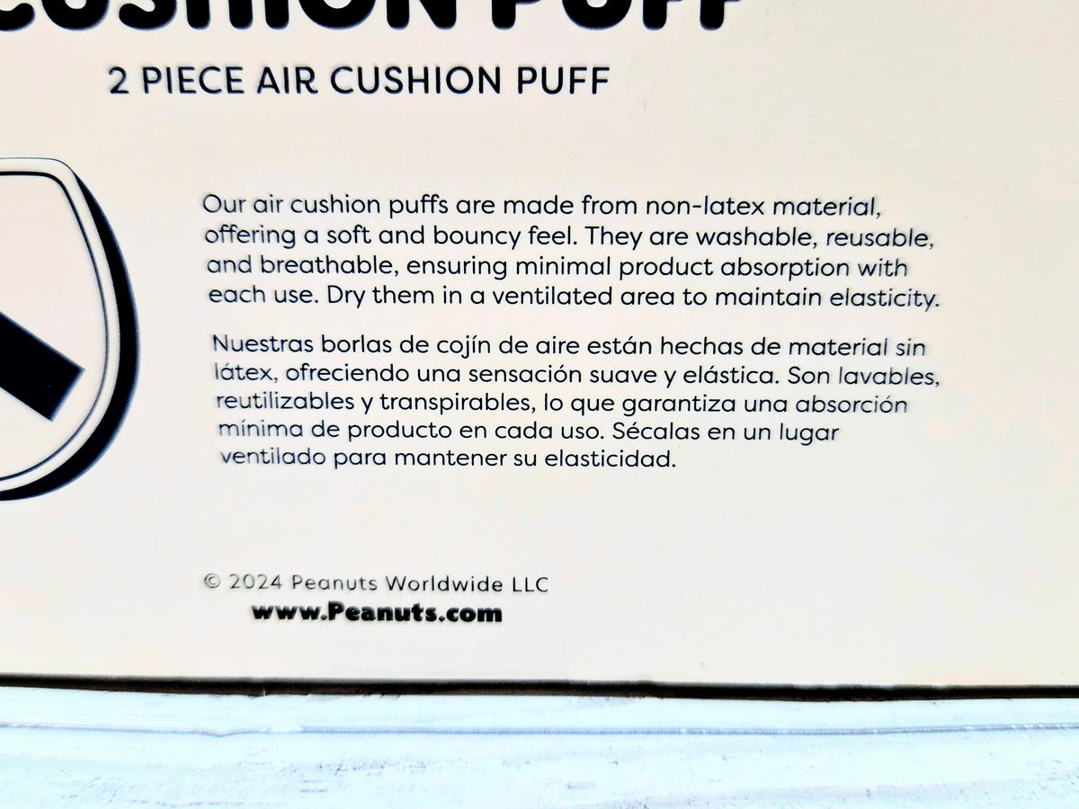 Two-piece air cushion puff box with product details on the back