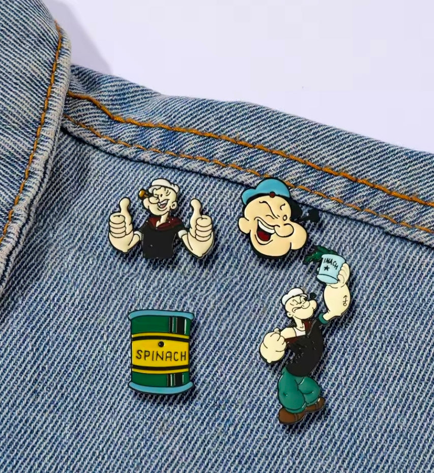 Four-piece Popeye enamel lapel pin set: two characters and a spinach can pin
