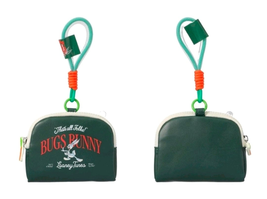 Green coin purse keychain pouch with turquoise handle, orange rope detail, zip edge