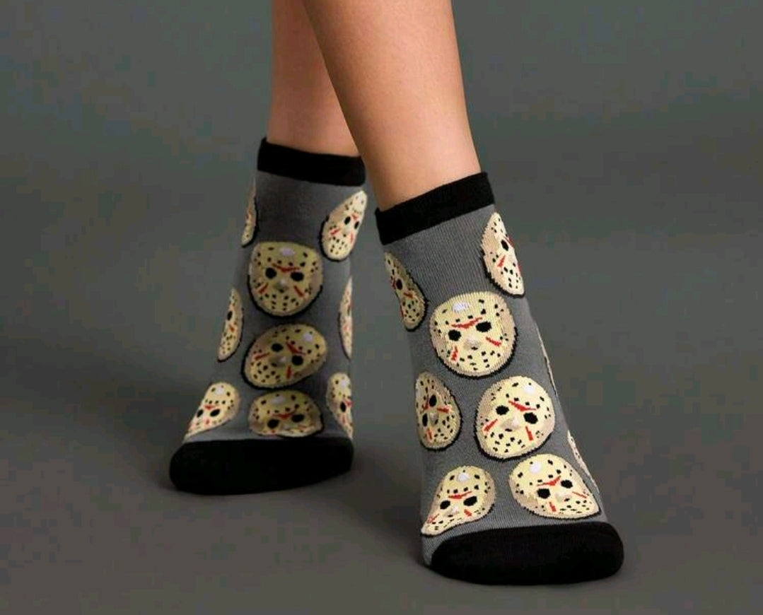 Ankle socks with Jason hockey mask prints on dark gray and black with ribbed cuffs