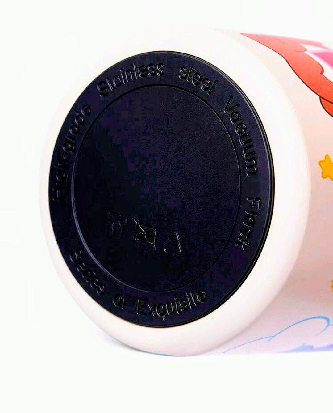 Bottom of white Care Bears insulated tumbler with black circular base label