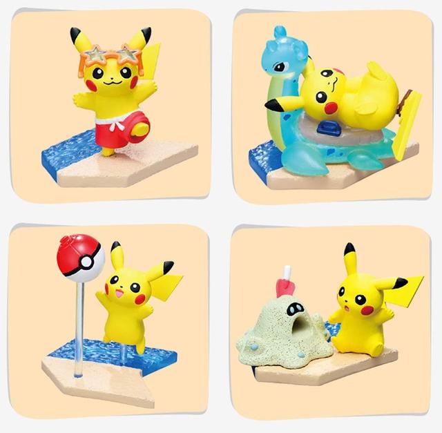 Pikachu seaside mini figure set showing four scenes with beach accessories on bases