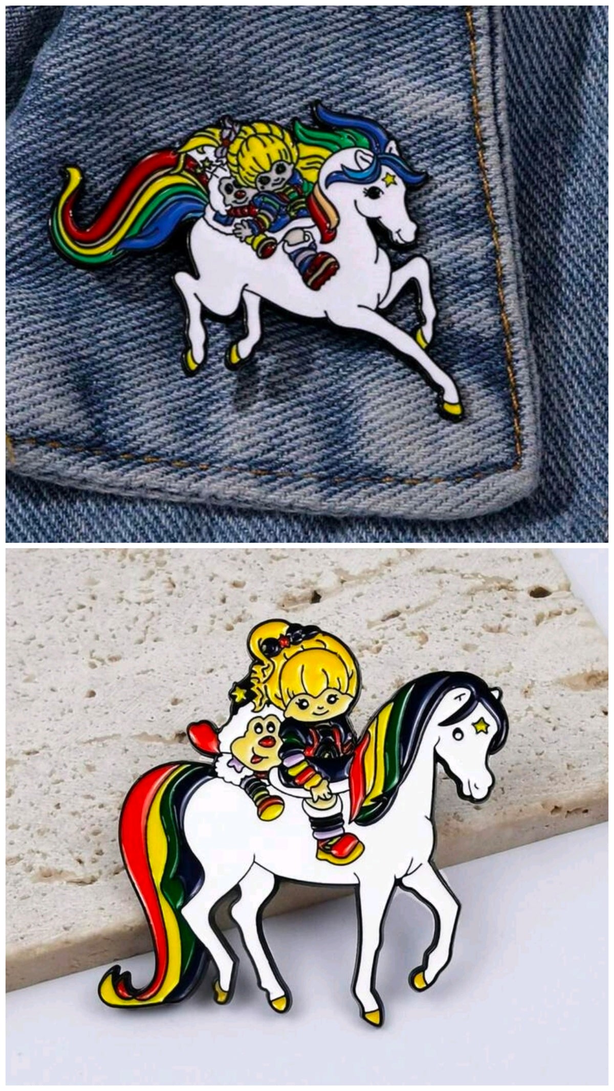 Enamel riding duo pins set showing a white horse with rainbow mane on denim and stone