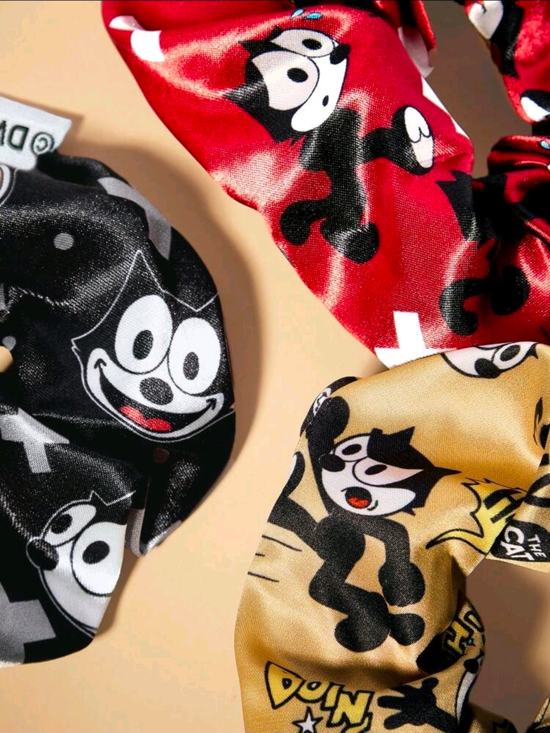 Felix the Cat Satin Scrunchies Set of 3 Red Black Gold Hair Ties Licensed NEW