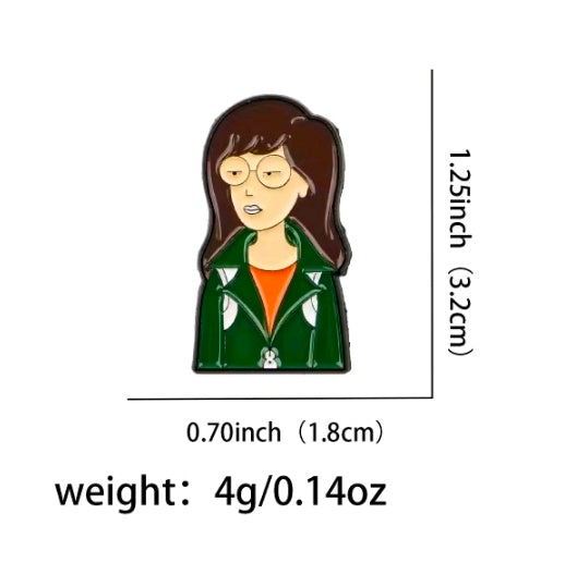 Enamel character pin of Jane in green jacket, brown hair, and round glasses.