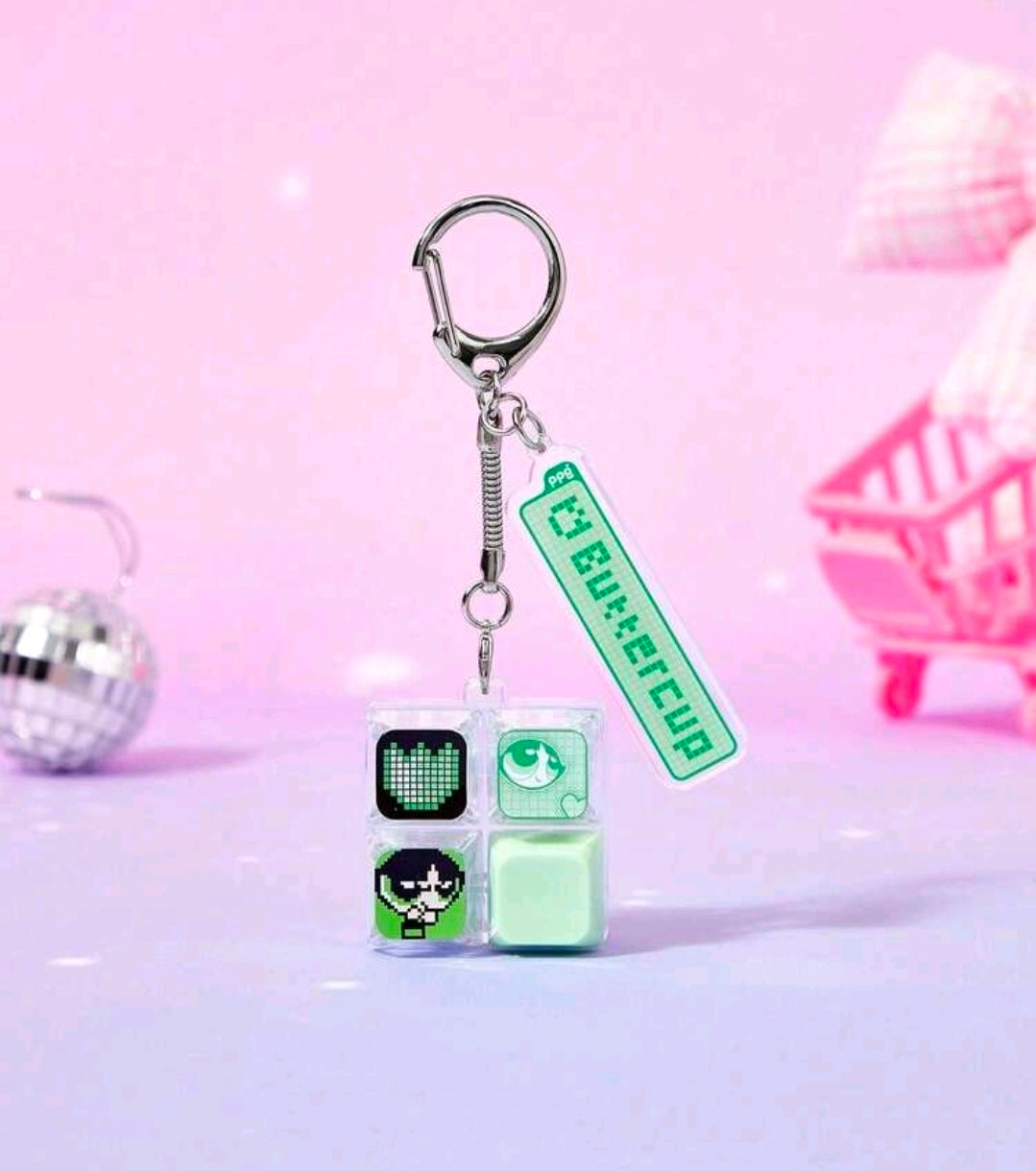Acrylic fidget keychain with mint screen icons and keyboard tile charms, metal keyring
