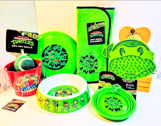 Assorted TMNT pet bundle set with green lick mat, bowls, and mesh balls