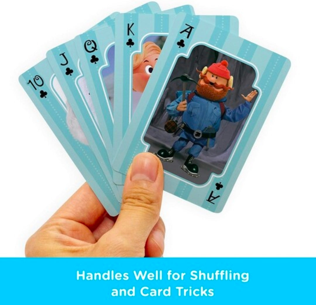 Hand holding Rudolph reindeer playing cards showing face card designs