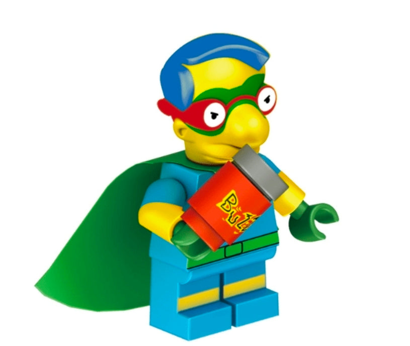 Bart super hero mini brick figure with green cape and red chest emblem, holding a pose
