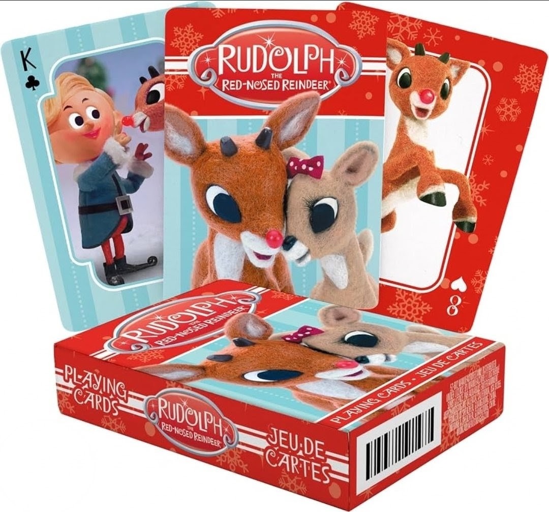 Rudolph reindeer playing cards and boxed deck with character card faces