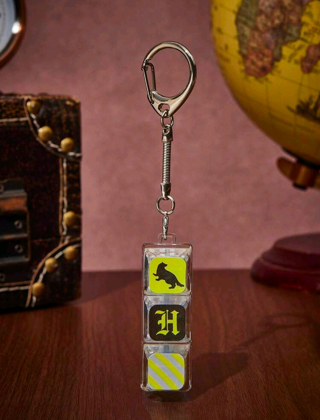 Hufflepuff acrylic clicker keychain charm with metal keyring and decorated tiles